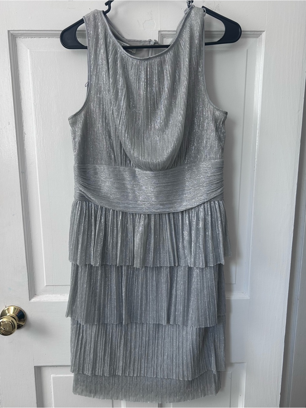 Maggy London Metallic Cocktail Dress Rouched Tiered Lined Sz 12 Large Flapper